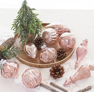 Mercury Glass Christmas Ornaments Set of 8 Pink Christmas Balls Finials for Christmas Tree Decoration Holiday Décor