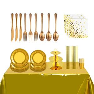 Solid Color Gold Plate Set Disposable Tableware-Paper Plate Knife Fork Spoon for Wedding Parties Elegant Party Scene Decorations