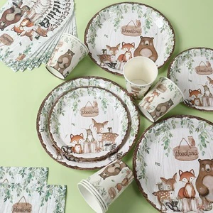 Modern Forest Animal Themed Disposable Tableware Set for Birthday & Holiday Parties Paper Tray & Cup