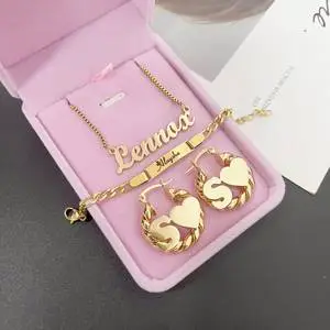 Stainless Steel Personalized Custom Name Necklace Engraved Bracelet Mini Earrings Kids Jewelry Set