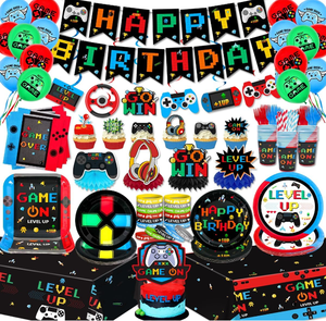 Video Game Birthday Party Plate Cup Napkin Tablecloth Tableware Set Wristband Honeycomb Cake Toppers Flag Swirl Balloon Supplies