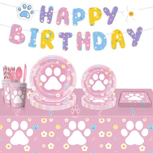 New Dog Paw Birthday Party Supplies with Pink/Blue/Yellow Colors Round/Square Shapes-Disposable Plates Cups Tablecloths & Towels