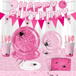 Halloween Pink Spider Web Theme Birthday Party Tableware Paper Plate Paper Cup Flag Pull Balloon Hanging Supplies