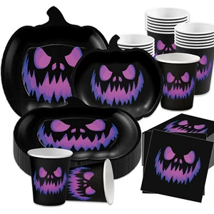 Halloween Devil Purple Pumpkin Party Biodegradable Disposable Plates & Cups Customizable Party Decoration Set with Paper Napkins