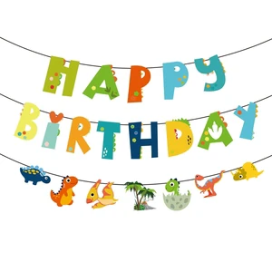 Green Glitter Dinosaur Happy Birthday Banner Kids Boys Themed Party Decorations Paper Material