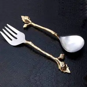 Best Quality Bronze Antique Brass Long Handle Handmade Snake Design Serving Spoon and Fork Set Antique Brass Salad Server Set