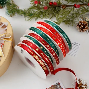 Wholesale Cotton Eco-Friendly 1.5cm/1cm Christmas Wedding Birthday Gift Ribbon Hot Stamping Gold Foil Merry Christmas Bow