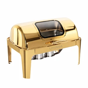 LIYUNDA Rectangle 9L Roll Top Chafing Dish Luxury Gold Stainless Steel Hydraulic Lid Visual Buffet Food Warmer Set For Catering