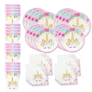 Unicorn Party Decorations Gift Disposable Tableware Birthday Party Supplies Pink and Gold Unicorn Paper Napkin Cup Plate Set