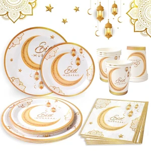 Islamic Ramadan Party Tableware Set Disposable Paper Plates Napkins 7inch/9inch for Eid Mubarak Muslim Party Decoration Supplies