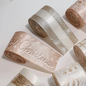 Christmas Ribbon Wire Edge Red Glitter Satin Wired Burlap Ribbon Colored for Craft