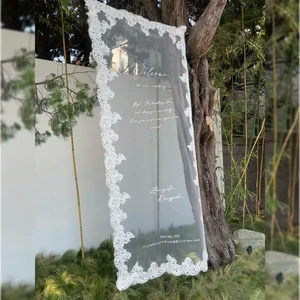 Custom Text Lace Edge Tulle Wedding Backdrop Banner Personalized Sheer Sign for Outdoor Ceremony Party Photo Booth Decoration