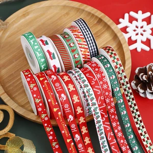 1cm 10yards/roll Christmas Ribbon Printed Christmas Polyester Ribbon for Handmade Design Christmas Decoration Gift Packing