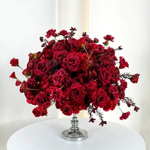 FL-305 Wedding Red Rose with Greenery Flower Ball Rose Floral Burgundy Table Centerpieces for Event Party Birthday Anniversary