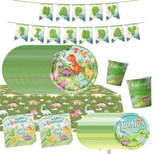 15pcs Eco-friendly Dinosaur Birthday Disposable Dinnerware Set with Party Banner for Boys Dinosaur Themed Party Table Decor