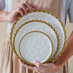 Nordic Style Ceramic Charger Plates with Gold Rim Beaded for Wedding Party Decorative Plate White Green Porcelain Dinner Plate