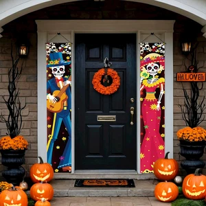 Halloween Porch Decoration Banner 180x30cm Skeleton Bride and Groom Outdoor Porch Sign Banner for Halloween Party Decoration