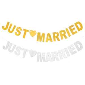Gold Silver Glitter Paper JUST MARRIED Banner Bunting Wedding Party Decoration Supplies