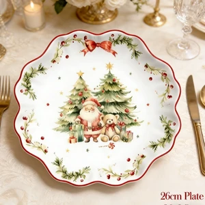 LovingHome Custom Christmas Cute Dinner Plate Hand Painted Red Bowknot Party Theme Design Ceramic Dinnerware Plates