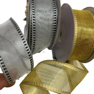 Wired Edge Christmas Decoration Ribbon - Glitter Christmas Ribbon & Gold Metallic Ribbon for Christmas Tree