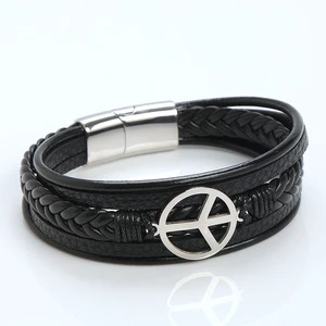 Multilayer Leather for Men Stainless Steel Magnet Peace Symbol Pendant Hand Bracelet SCB016