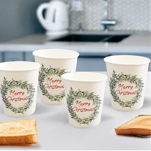 LR Kit 10pcs White Christmas Leaf Disposable Printed Paper Cup Food Grade Festival Party Tableware Decorations Supply Set