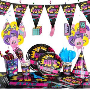 90s Themed Happy Birthday Party Banner Hanging Balloon Cake Topper Tablecloth Paper Pack Decoration Supplies Set