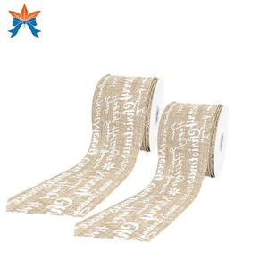 Tan Faux Jute with White Merry Christmas Greetings Wired Cotton Ribbon