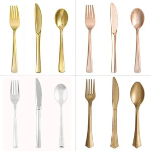 Factory Price Customizable Plastic Tableware Set, Gold/Silver Handle Disposable Cutlery Kits for Wedding Party Catering
