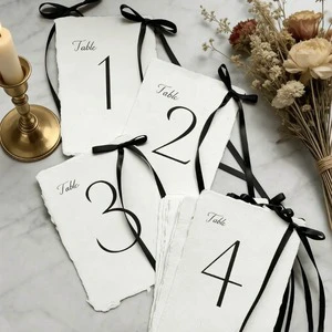 Custom Script Print Rough Deckled Edge Table Number Card With Ribbon Tie for Neutral Vintage Wedding Table Setting