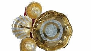Premium Gold Silver Decorative Round Plate And 3 Bowl Set For Home Dining Hotel Festival And Wedding Gift
