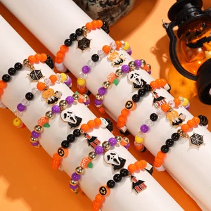 12 Pcs/Set New Arrival Halloween Beaded Stretch Bracelet Thriller Halloween Pumpkin Pendant Party Gift Jewelry Men Woman