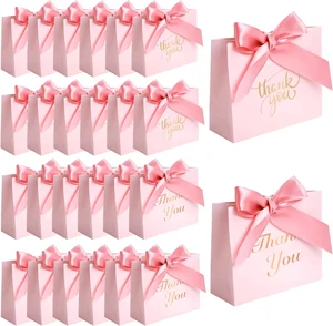 Party Favor Goodies Bag Pink Candy Treat Thank You Paper Gfit Bags with Bow Ribbon for Wedding Valentine's Day Birthday