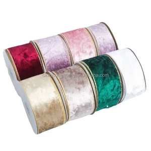 OKAY Wholesale 50mm 63mm Red Green Champagne Christmas Wired Velvet Ribbon With Gold Edge for Wreaths Decoration