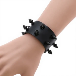 Punk Gothic Rock Black Two Row Spikes Rivet Wide Pu Leather Silver Plated Peace Cuff Bangle Bracelet Wristbands Charm Unisex