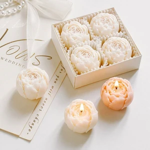 Premium Luxury 4 Pcs Set Realistic Herbaceous Peony Shape Scented Candle Gift Set With Window Box For Romantic Wedding Favors