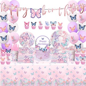 Girl's Birthday Party Supplies Set Pink Butterfly Design Paper Tableware & Tablecloths Cups & Cutouts for Decorations