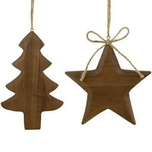 rustic wooden Christmas ornaments featuring classic holiday shapes, including a tiered evergreen armhouse gift wrap presentation