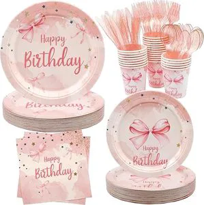 Pink Bow Disposable Birthday Tableware Set Happy Birthday Party Decoration Gold Dot Party Supplies Paper Plate Cup Napkin