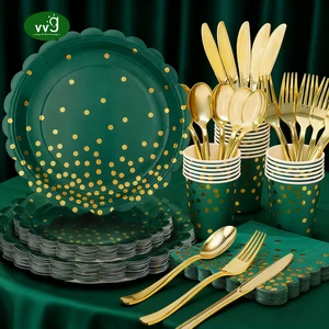 VVG 175Pcs Green Gold Party Decoration Tableware Set Disposable Paper Plates Cups and Plastic Cutlery Set Serve 25 Guests