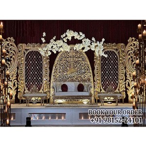 Marvelous Indian Wedding Stage for Sale Luxury Golden Wedding Stage with Back-frames Latest Wedding Stage with Paisley Panels