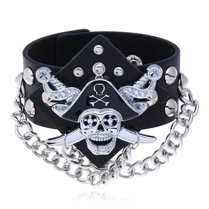 Motorcycle-style Men's Punk Kevlar Wristband Nightclub Bangle Skull-Patterned Pirate Ghost-Head Chain Bracelet Natural Stone