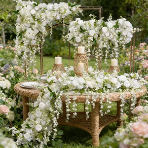 White Rose Orchid Artificial Flowers Triangles Hanging Silk Flower Runner Wedding Arch Table Centerpiece