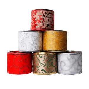 2021 New Styles Christmas Ribbon Wired Edge,Xmas Glitter Coated and Painted Ribbon