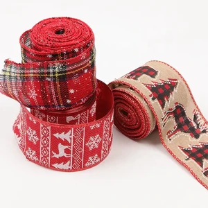 Luxury Custom Burlap Wired Edge Stripe Plaid Red Christmas Ribbon Rolls for Gift Wrapping