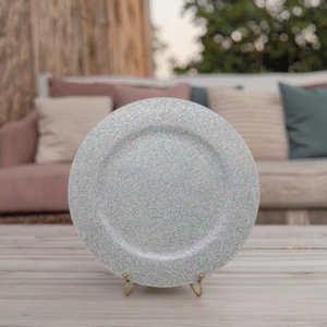 Plastic Plant Pattern Silver Glitter Charger Plate with Holographic Sequins Classic Style for Party Wedding Tableware Decoration