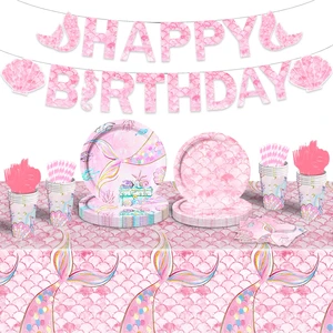 Wholesale Mermaid Themed Tableware Set Paper Cups Napkins Tablecloth Dinning Table Set Children's Birthday Party Decorations