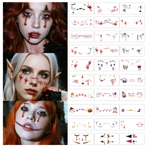 Halloween Face Stickers Temporary Tattoos Facial Makeup Blood Scar Clown Spider Ghost Bat Pumpkin Waterproof for Men and Women