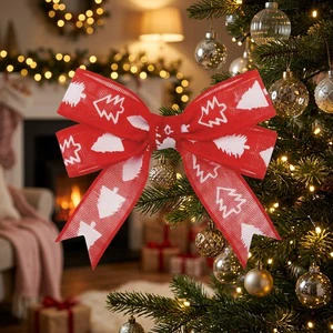 Gordon Ribbons Holiday Decoration Bow Ribbon 5/8 Inch Red Organza Ribbon With White Screen Pigment Christmas Tree Logo