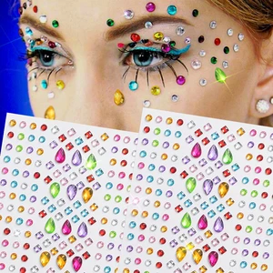 Mixed Rhinestone Face Tattoo Sticker Colorful Heart/round/Teardrop Design Selfadhesive Party Eyes Makeup Stickers